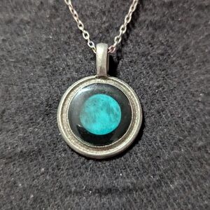 Silver Tone Black and Teal Enamel Round Pendant Statement Necklace